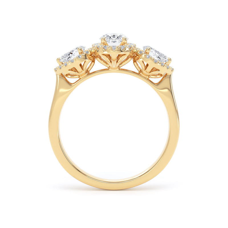Oval & Twin Pear Diamond Halo Trilogy Ring In 18K Solid Gold