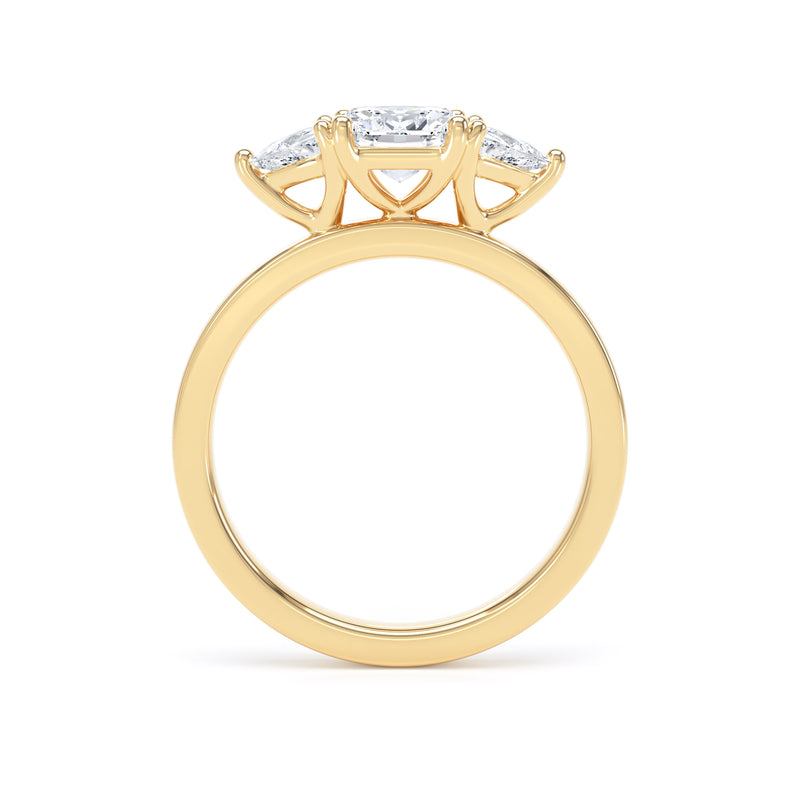 Cushion Cut Diamond Trilogy Ring With Twin Trilliant Stones In 18K Solid Gold