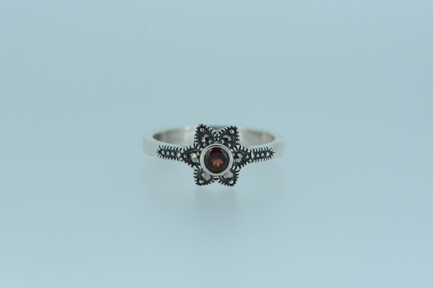 African Garnet Flower Silver Ring