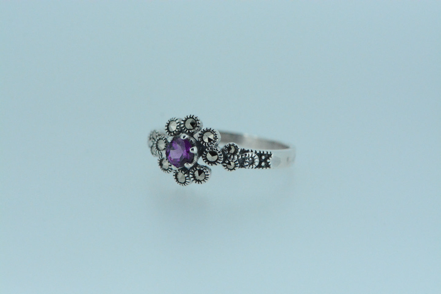 Rhodolite Flower Ring With Marcasite Petals