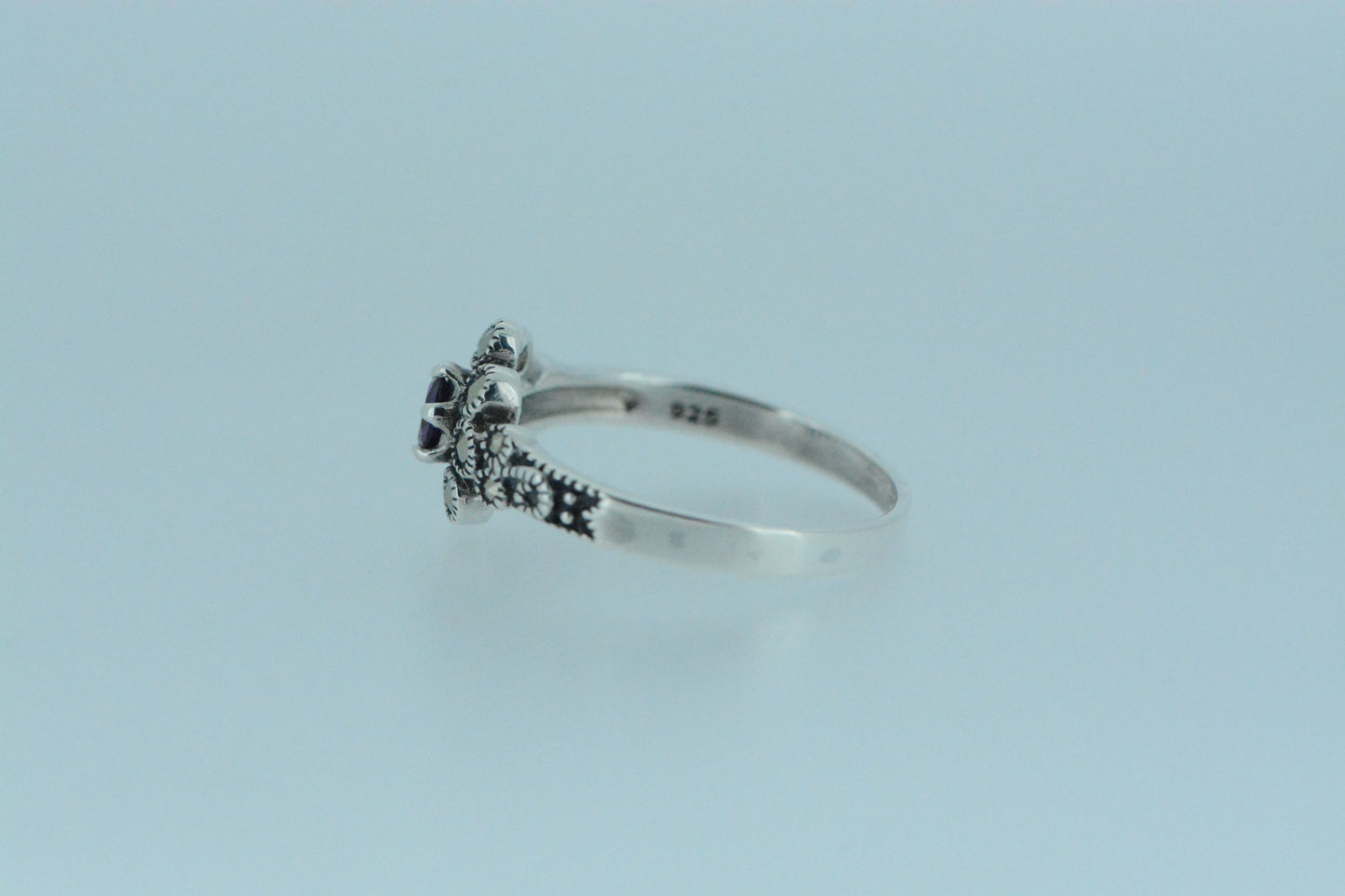 Rhodolite Flower Ring With Marcasite Petals