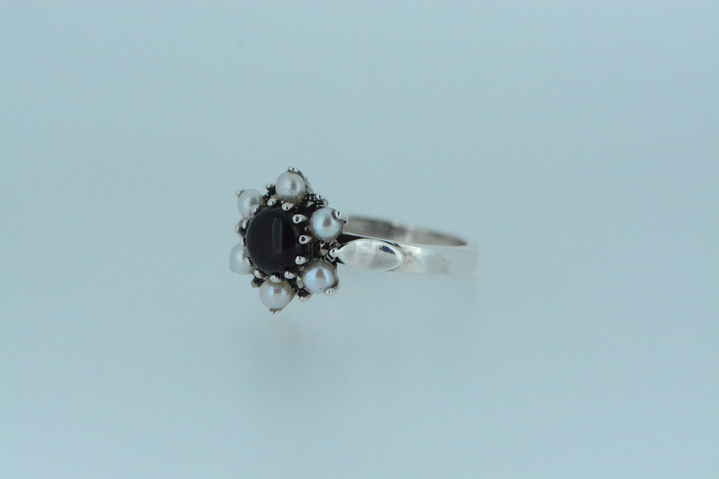 Black Onyx and Pearl Flower Cluster Ring