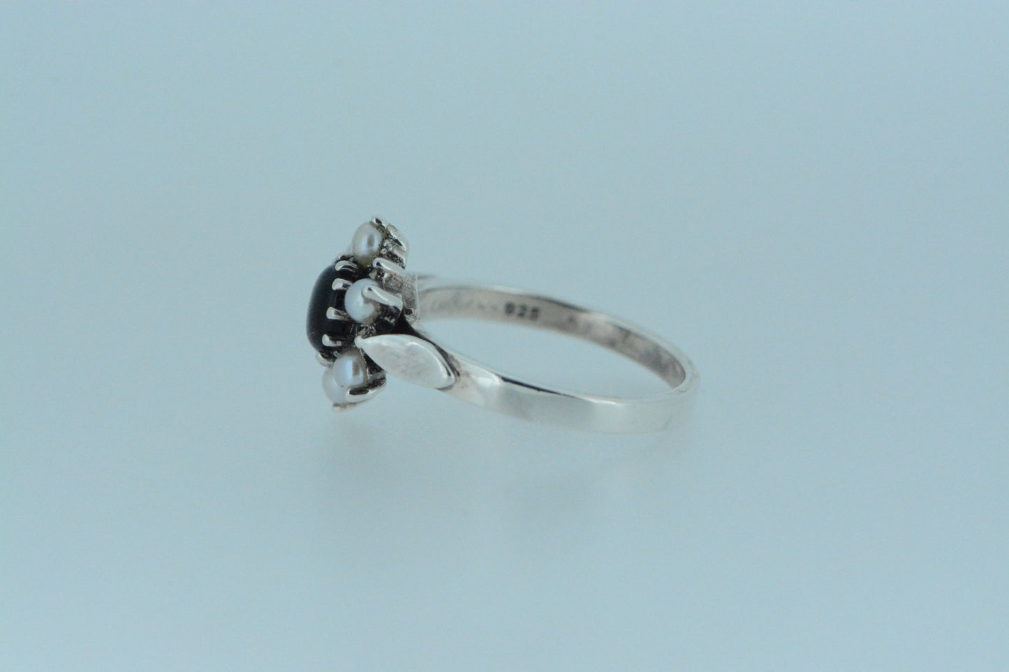 Black Onyx and Pearl Flower Cluster Ring