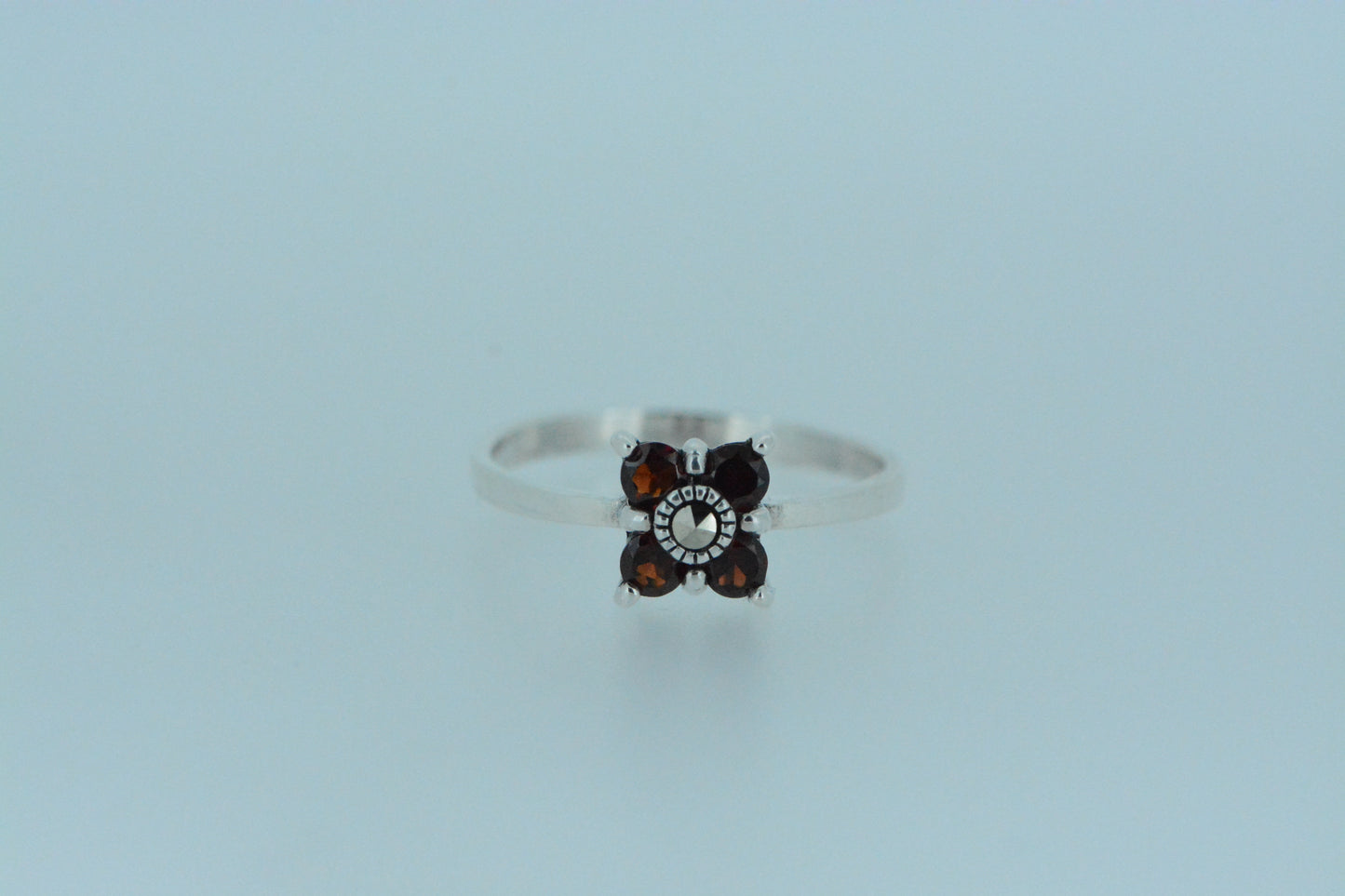 African Garnet Four-Leaf Clover Silver Ring