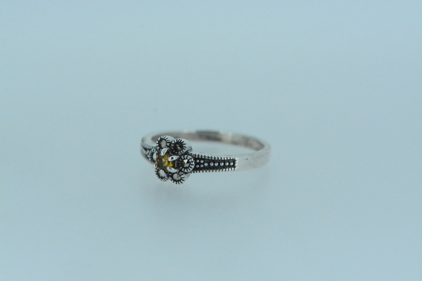 Mini Citrine Flower Ring With Marcasite Petals