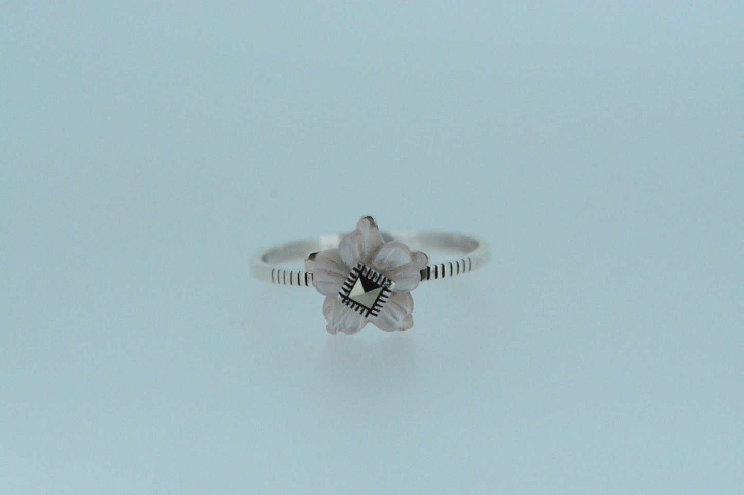 Pink Shell Flower Ring With Marcasite Bud