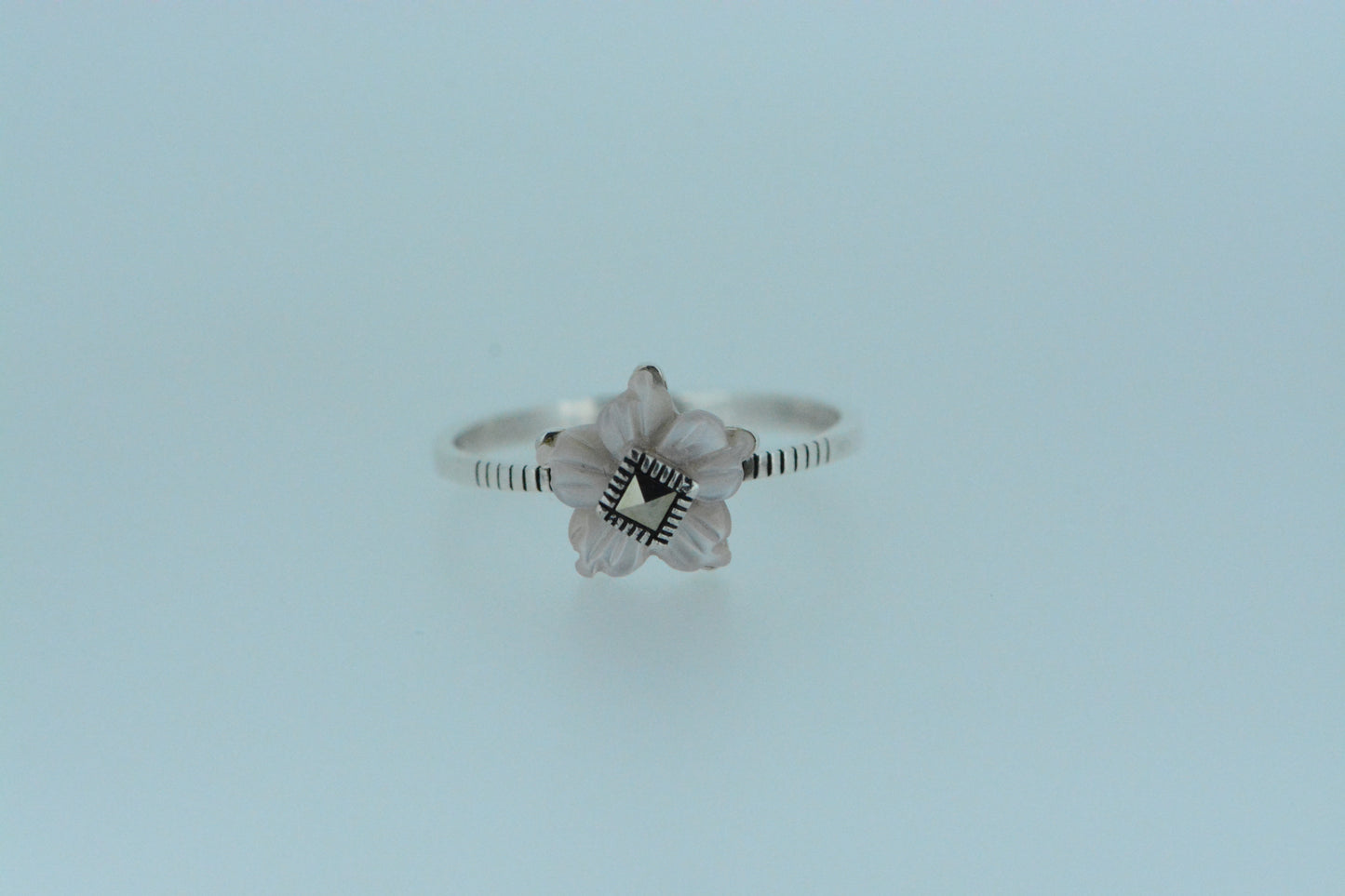Pink Shell Flower Ring With Marcasite Bud