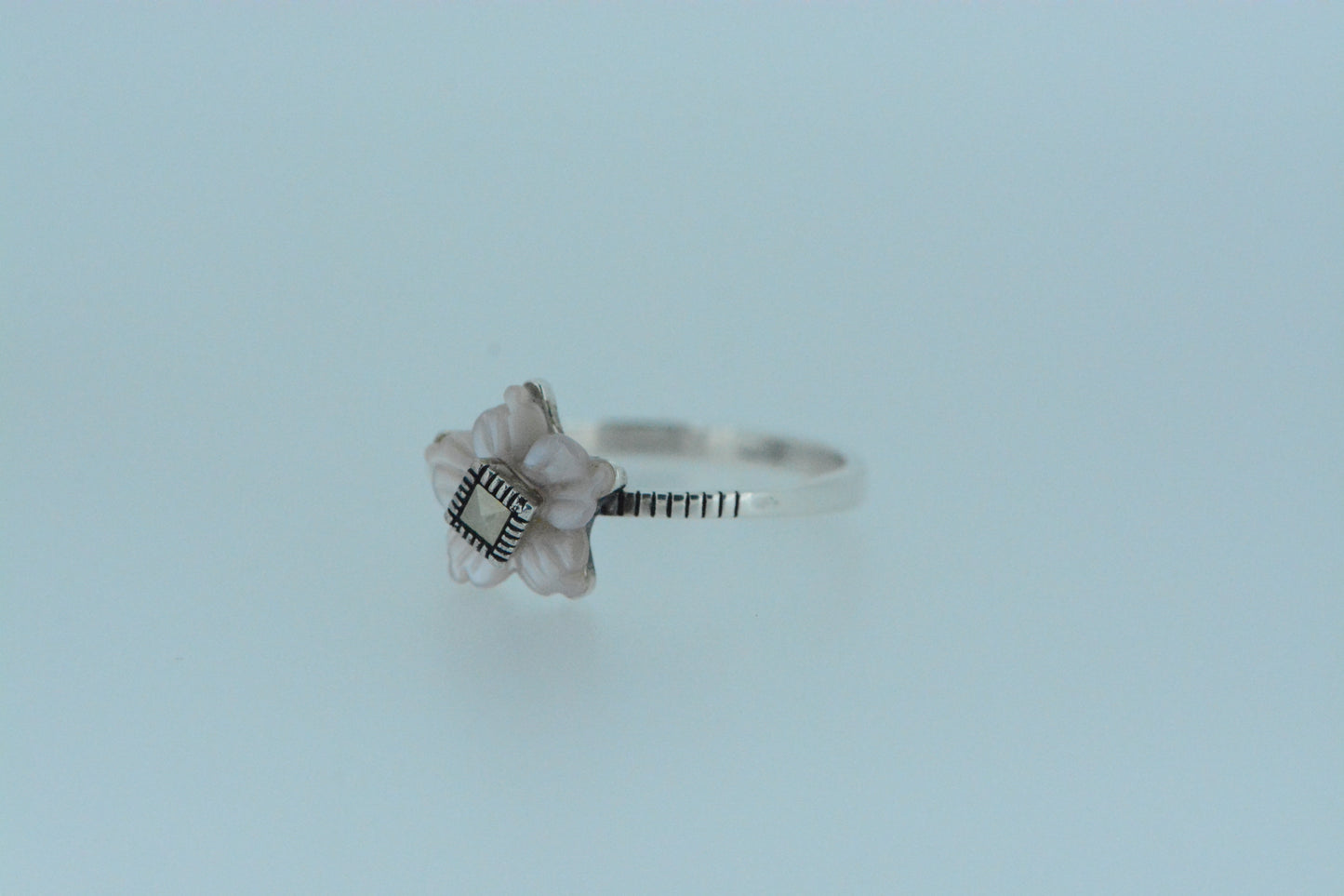 Pink Shell Flower Ring With Marcasite Bud