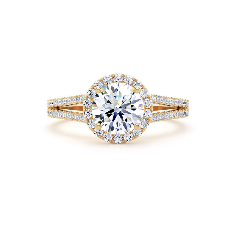 Round Brilliant Cut Diamond Halo Ring With Encrusted Split Shank In 18K Solid Gold