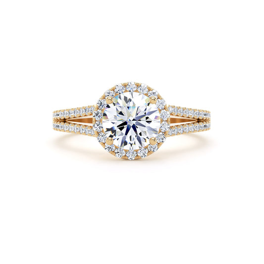 Round Brilliant Cut Diamond Halo Ring With Encrusted Split Shank In 18K Solid Gold