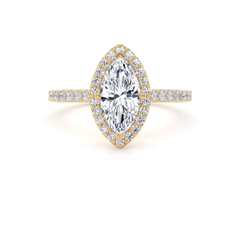 Marquise Cut Diamond Halo Ring With Encrusted Band In 18K Solid Gold