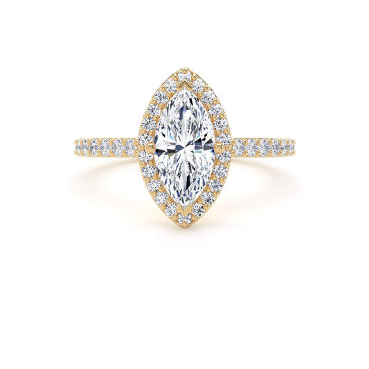 Marquise Cut Diamond Halo Ring With Encrusted Band In 18K Solid Gold