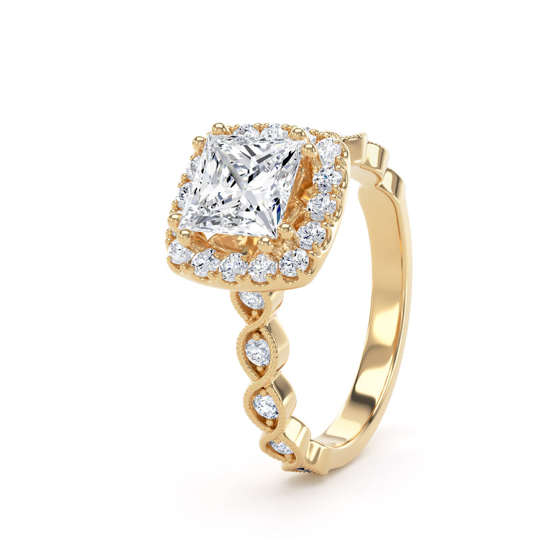Princess Diamond Halo Ring With Diamond Set Woven Band In 18K Solid Gold