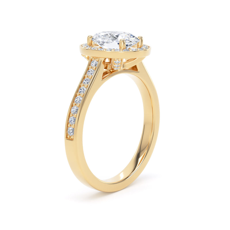 Oval Diamond Halo Ring With Channel Set Band In 18K Solid Gold