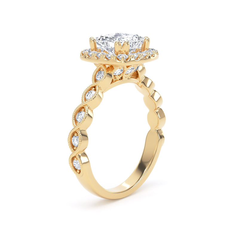 Princess Diamond Halo Ring With Diamond Set Woven Band In 18K Solid Gold