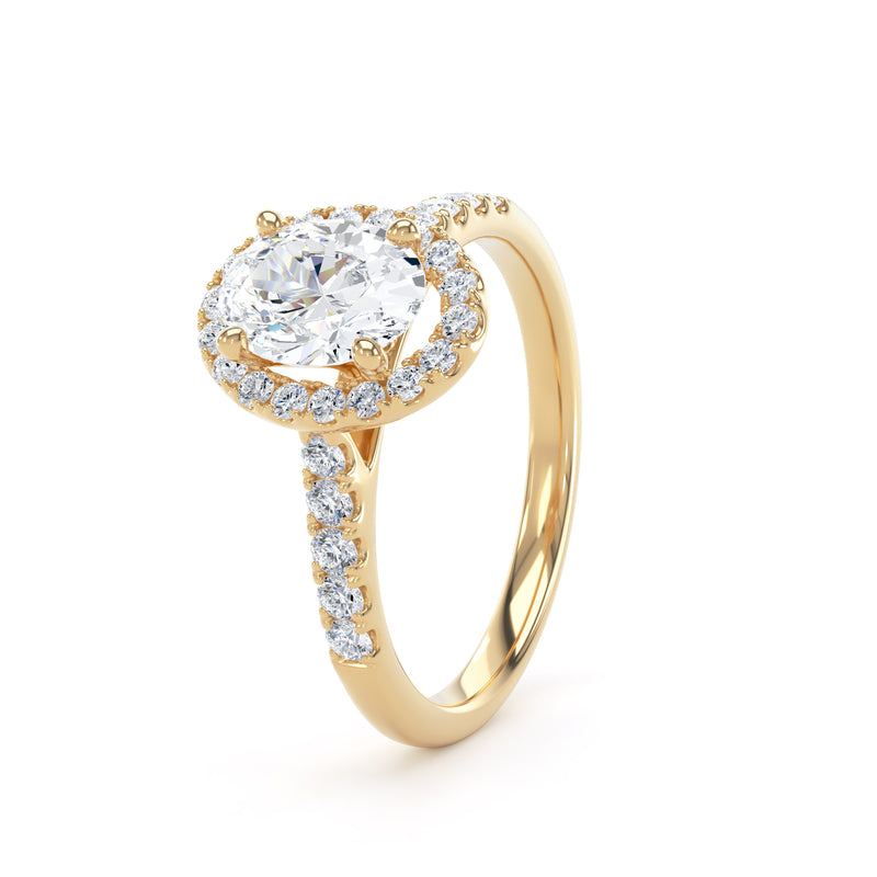 Oval Diamond Halo Ring With Ten Diamond Set Band In 18K Solid Gold