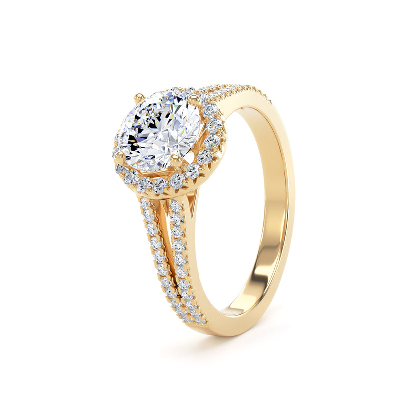 Round Brilliant Cut Diamond Halo Ring With Encrusted Split Shank In 18K Solid Gold