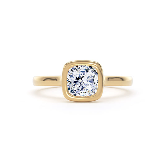 Cushion Cut Bezel Set Diamond Ring In 18K Solid Gold
