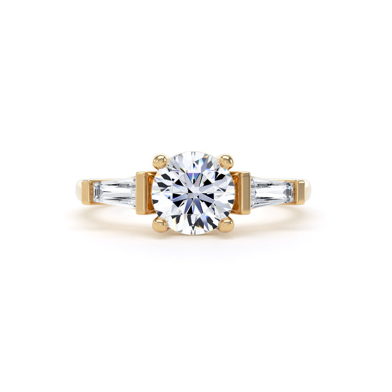 Brilliant Round With Twin Tapered Baguettes Diamond Trilogy Ring In 18K Solid Gold