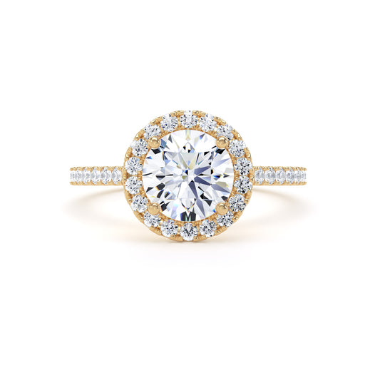 Round Brilliant Cut Diamond Halo Ring With Encrusted Band In 18K Solid Gold