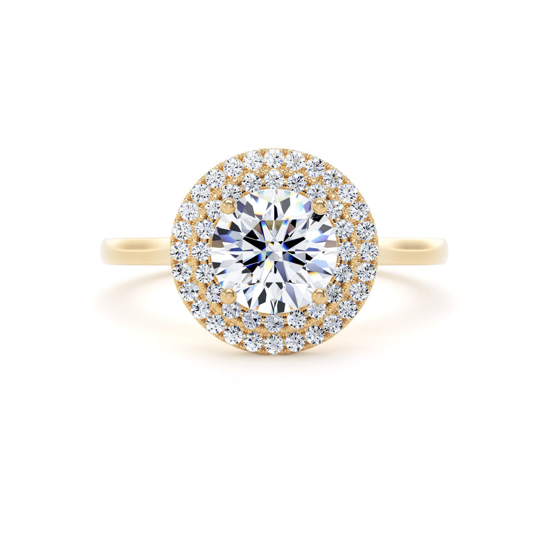 Round Brilliant Diamond Double Halo Ring With Plain Band In 18K Solid Gold