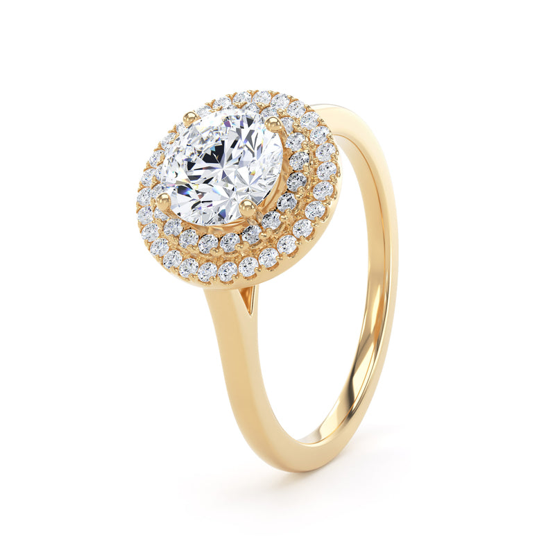Round Brilliant Diamond Double Halo Ring With Plain Band In 18K Solid Gold