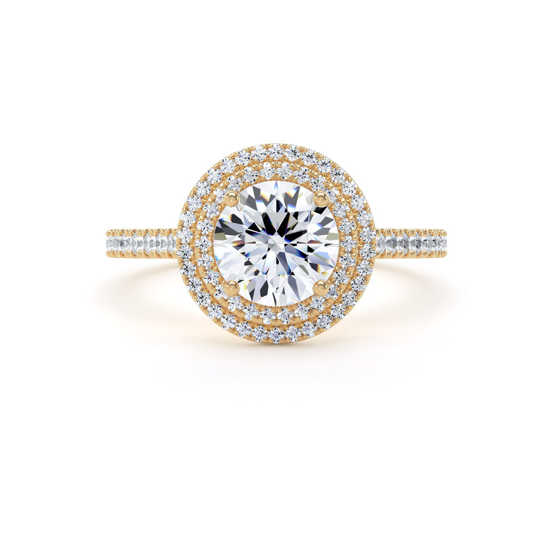 Round Brilliant Cut Diamond Double Halo Ring With Encrusted Band In 18K Solid Gold