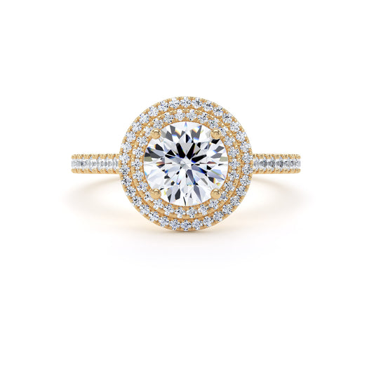 Round Brilliant Cut Diamond Double Halo Ring With Encrusted Band In 18K Solid Gold