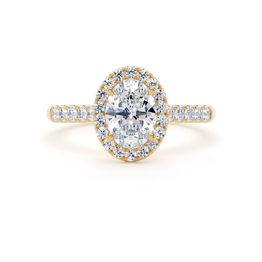 Oval Diamond Halo Ring With Ten Diamond Set Band In 18K Solid Gold