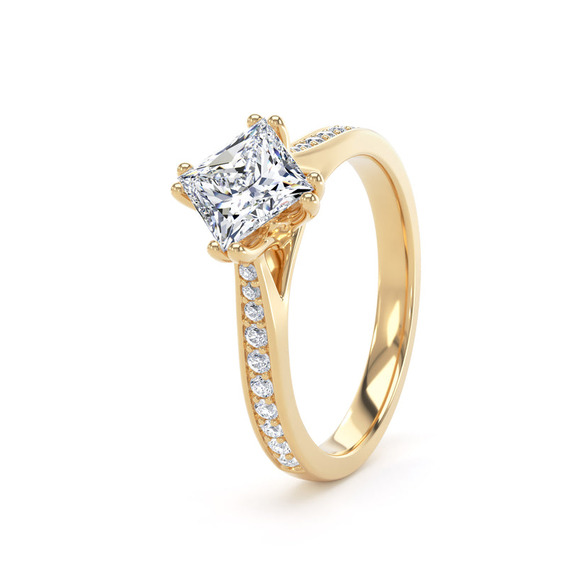 Oblique Princess Diamond Solitaire Ring With Encrusted Band In 18K Solid Gold