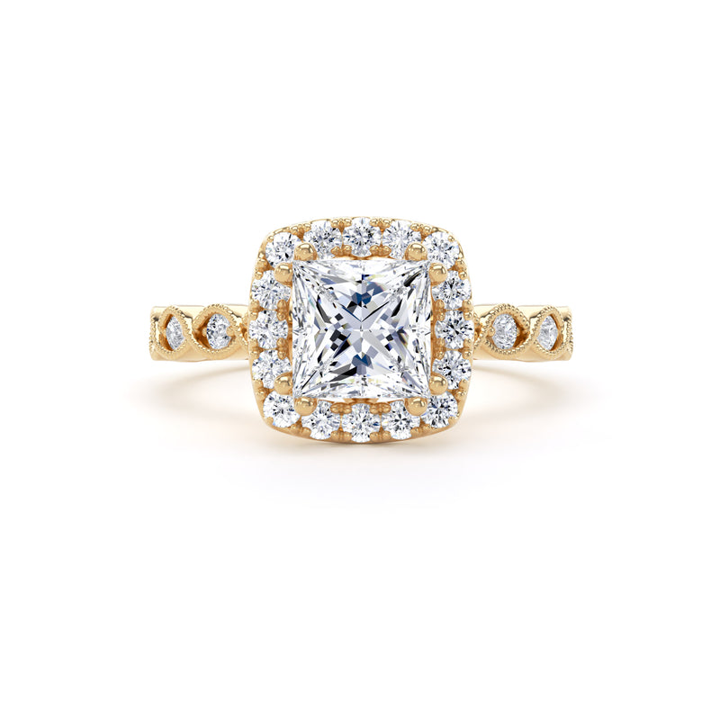 Princess Diamond Halo Ring With Diamond Set Woven Band In 18K Solid Gold