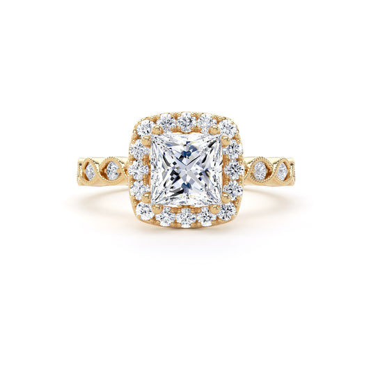 Princess Diamond Halo Ring With Diamond Set Woven Band In 18K Solid Gold