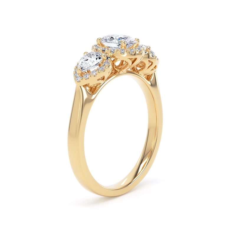 Oval & Twin Pear Diamond Halo Trilogy Ring In 18K Solid Gold