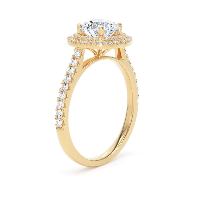 Round Brilliant Cut Diamond Double Halo Ring With Encrusted Band In 18K Solid Gold