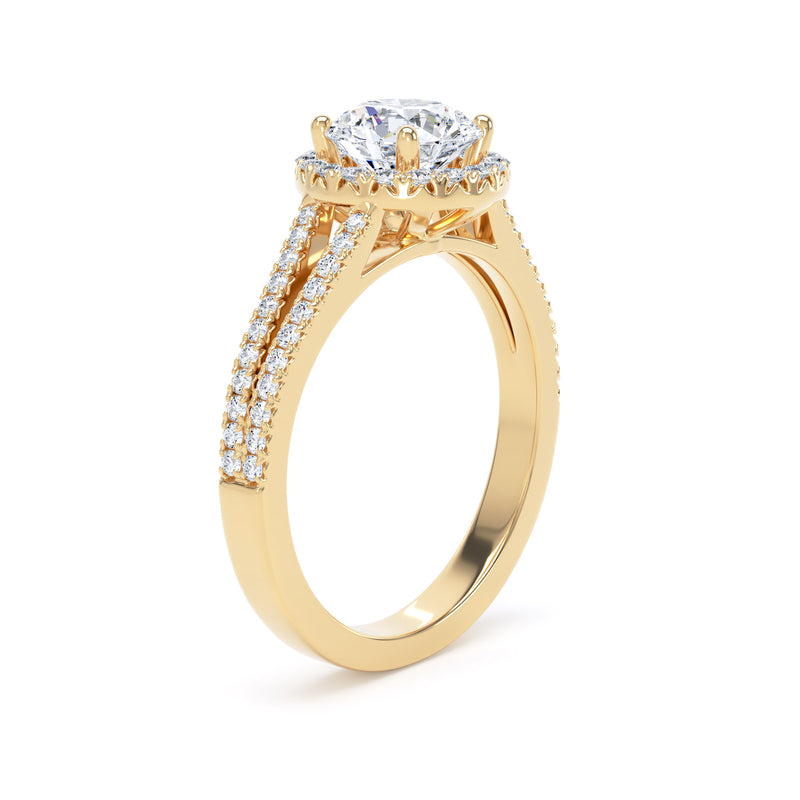 Round Brilliant Cut Diamond Halo Ring With Encrusted Split Shank In 18K Solid Gold