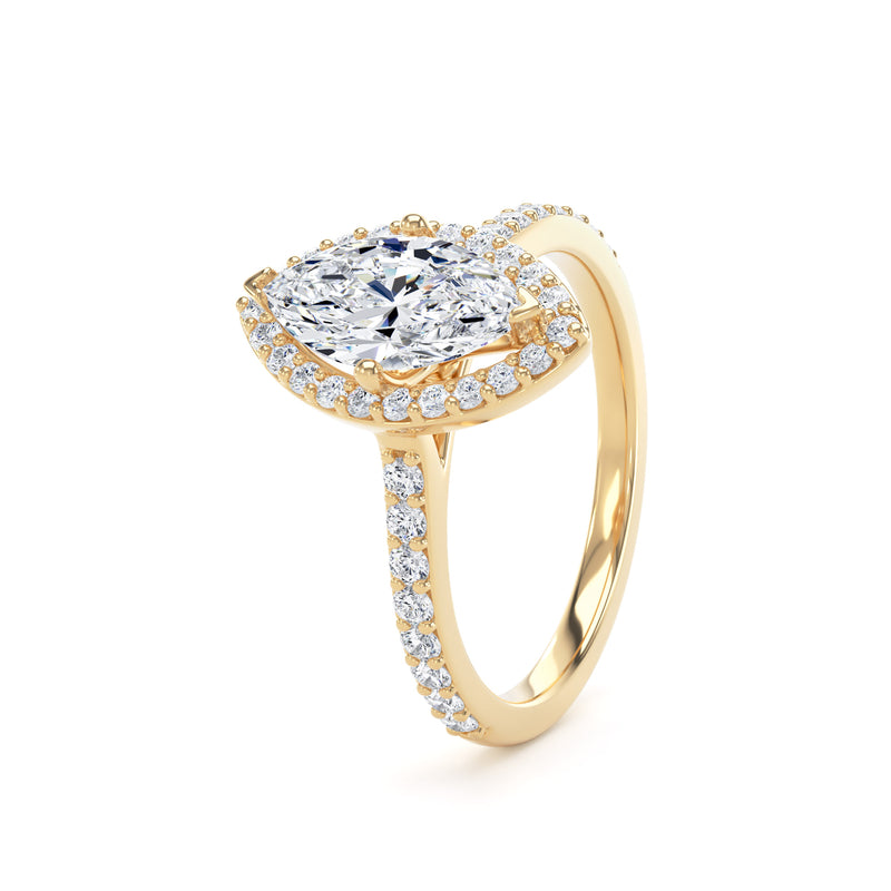 Marquise Cut Diamond Halo Ring With Encrusted Band In 18K Solid Gold