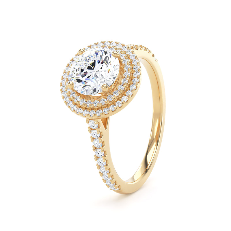 Round Brilliant Cut Diamond Double Halo Ring With Encrusted Band In 18K Solid Gold