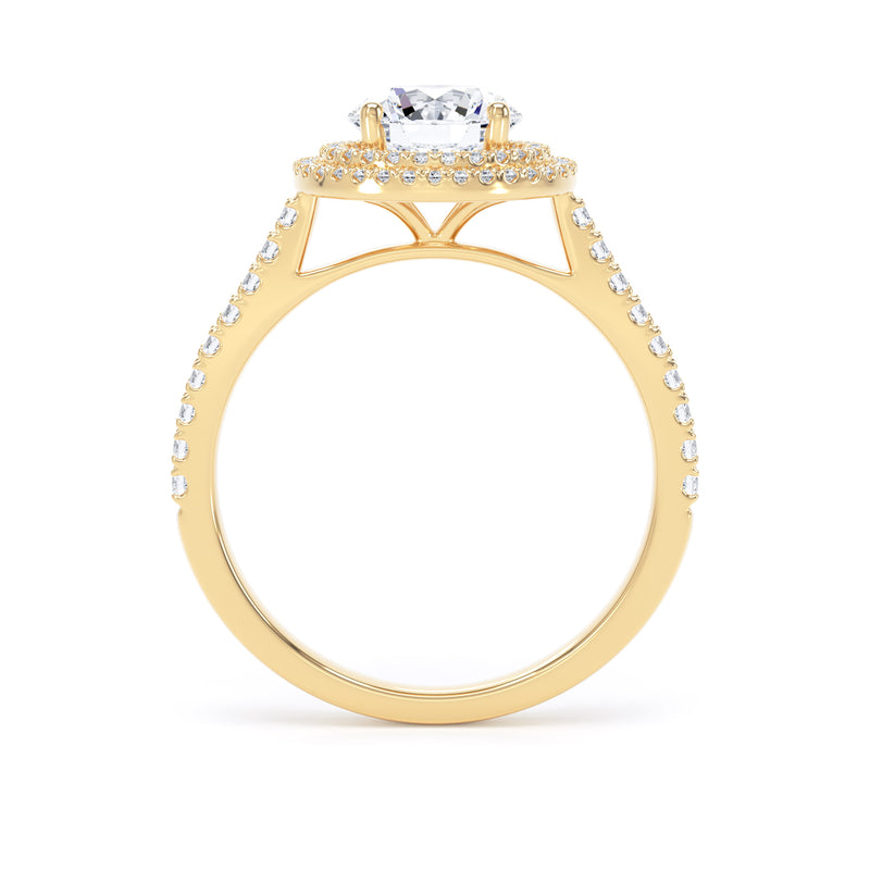 Round Brilliant Cut Diamond Double Halo Ring With Encrusted Band In 18K Solid Gold