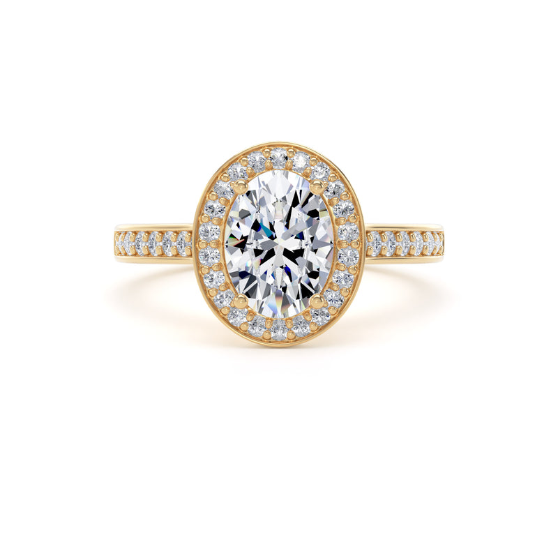 Oval Diamond Halo Ring With Channel Set Band In 18K Solid Gold