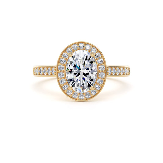 Oval Diamond Halo Ring With Channel Set Band In 18K Solid Gold