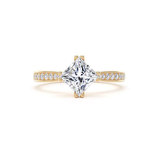 Oblique Princess Diamond Solitaire Ring With Encrusted Band In 18K Solid Gold