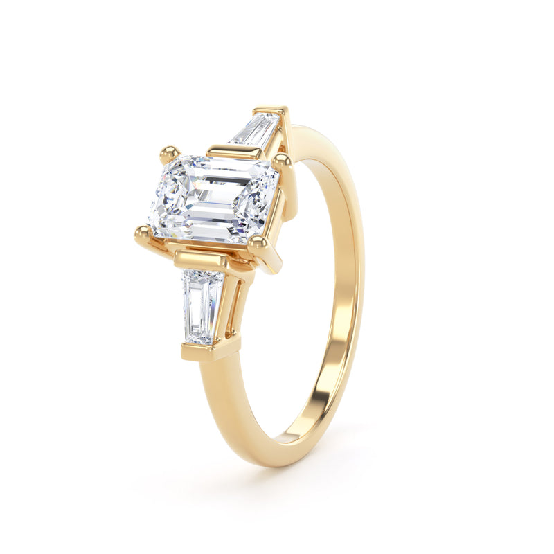 Emerald Cut Trilogy Diamond Ring In 18K Solid Gold