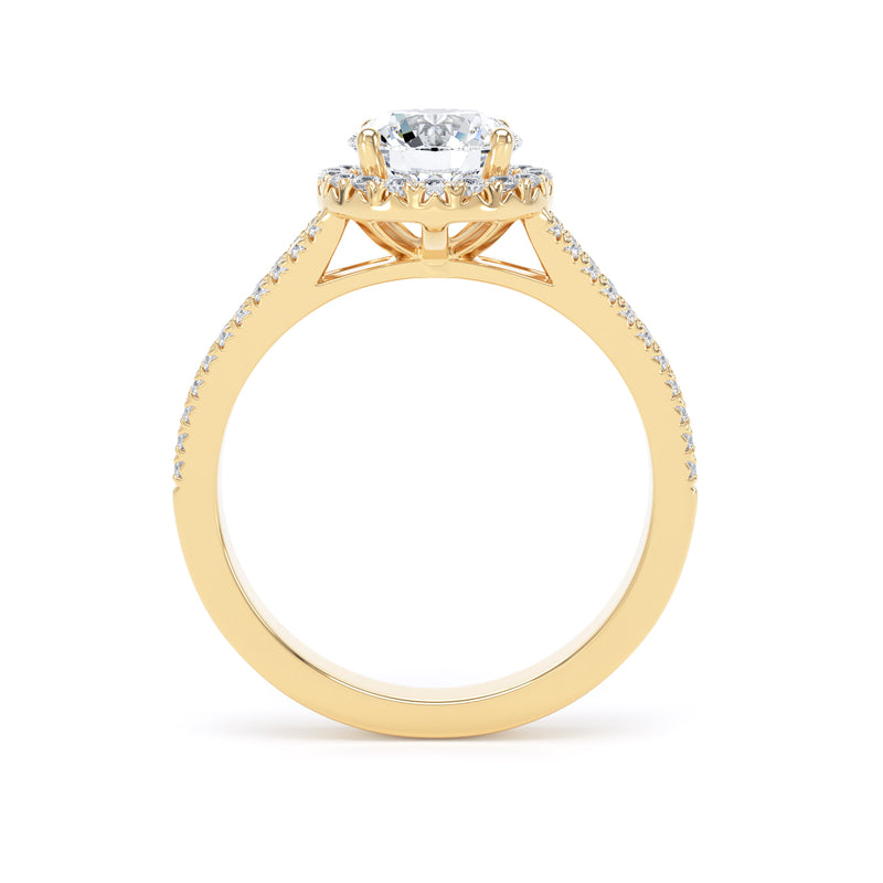 Round Brilliant Cut Diamond Halo Ring With Encrusted Split Shank In 18K Solid Gold