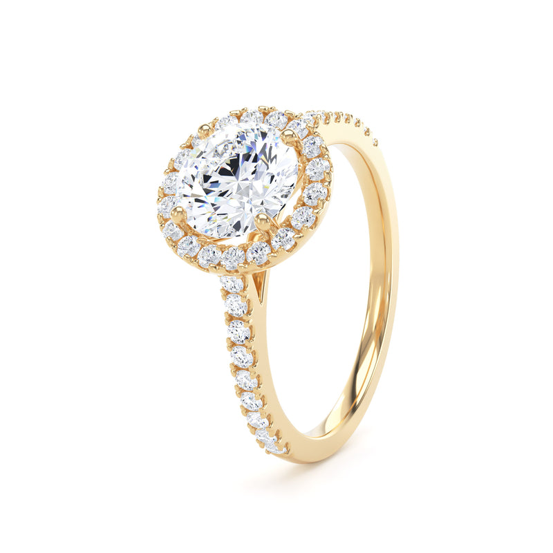 Round Brilliant Cut Diamond Halo Ring With Encrusted Band In 18K Solid Gold