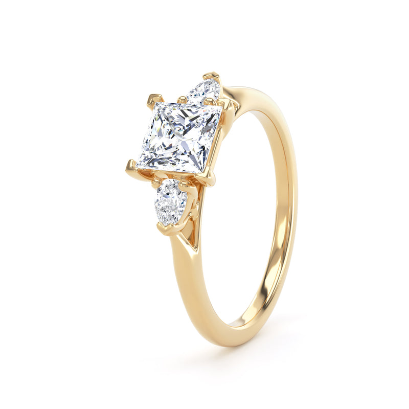 Princess & Twin Pear Diamond Trilogy Ring In 18K Solid Gold
