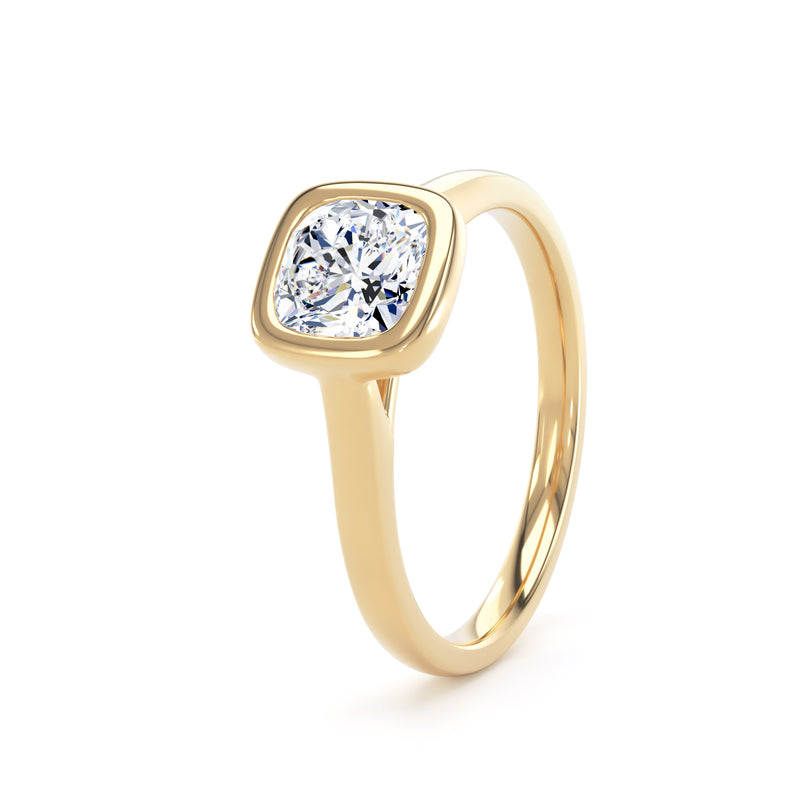 Cushion Cut Bezel Set Diamond Ring In 18K Solid Gold