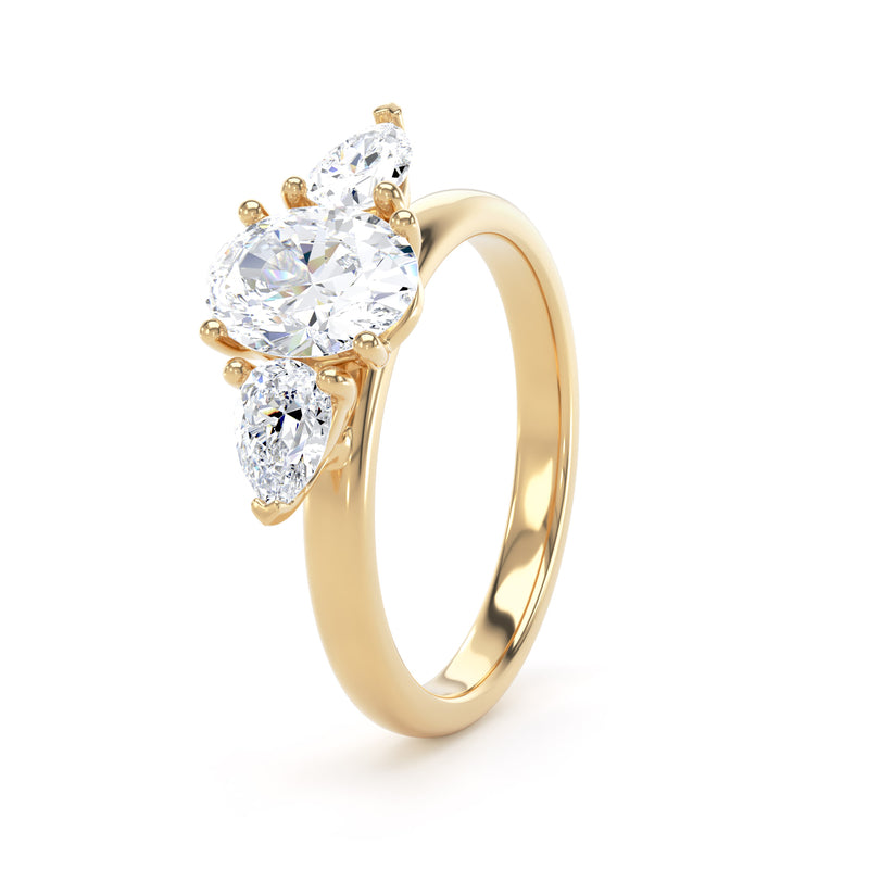 Oval & Twin Pear Diamond Trilogy Ring In 18K Solid Gold