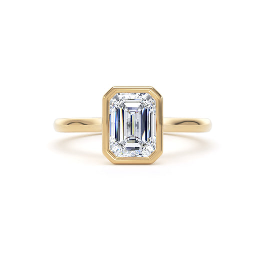 Emerald Cut Bezel Set Diamond Solitaire Ring In 18K Solid Gold