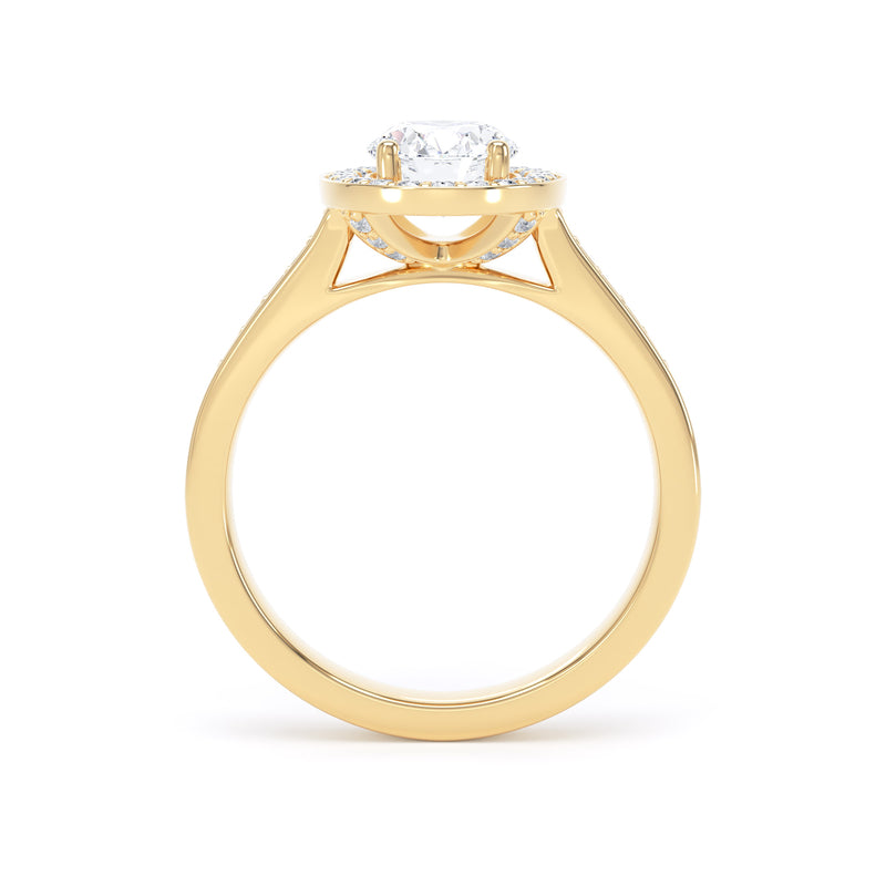 Oval Diamond Halo Ring With Channel Set Band In 18K Solid Gold