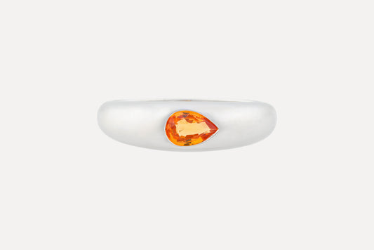 Orange sapphire waterdrop dome ring made in sterling silver with rhodium plating for a dazzling finish.